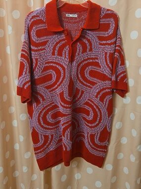 Zara Red and Lavender Polo Sweater Sz L